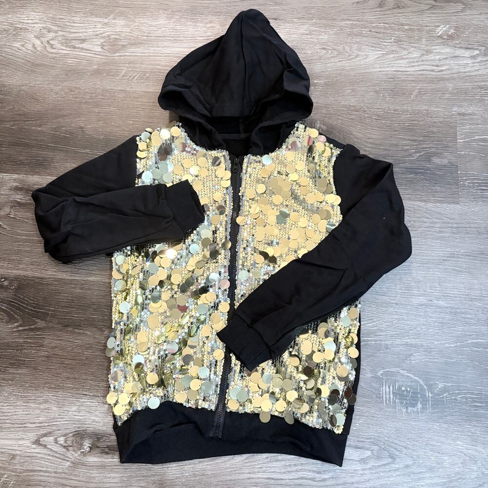 Welaken Girls Sequin Black and Gold Hoodie‎ Jacket Full Zip.